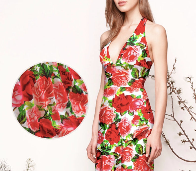 112cm44 for SpringSummer Dresses skirts blouses Red roses Silk stretch double Georgette fabric by the yard