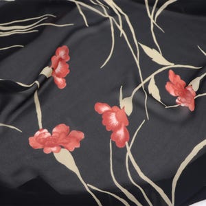 CANJIN - 14 Momme Black Background with Red Flowers Print Silk Georgette Fabric - 114cm wide by the Yard