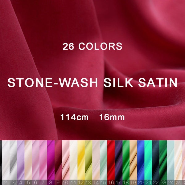 24 Colors Stone-Wash Pure Silk Satin Fabric - 16 Momme silk charmeuse 114cm wide by the Yard