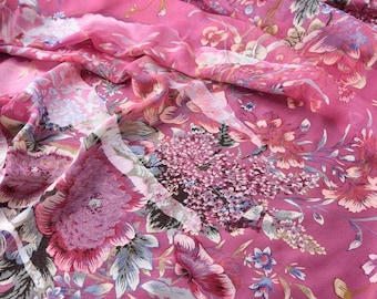 ROUFEN - Pink Floral Print Sheer Burnout Silk Devore Satin Fabric - 114cm wide by the Yard
