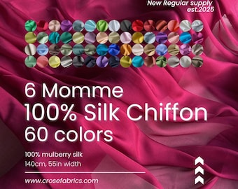 100% Silk Chiffon Fabric, 6 Momme 140cm wide by the Yard, 60 colors regular supply