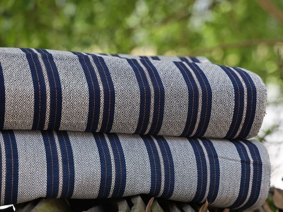 YUGUWEN - Natural Indigo dyes Hand Woven Rhombus Texture Cotton Fabric-By the Yard