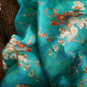 LANMEI Wintersweet Floral Printed Blue Ramie fabric By the Yard
