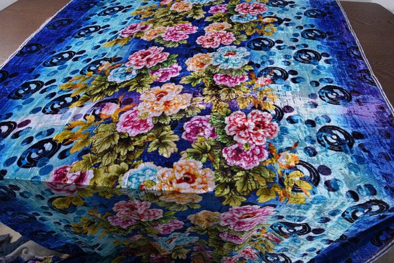 Blue floral silk burnout fabric, silk velvet, , 114cm/45”, Fashion Fabric for dresses, shawls, kimonos, by the yard image 5