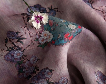 DIEWU Vintage Style Purple Color Floral Printed Ramie fabric By the Yard