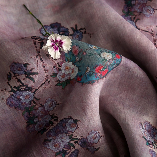 DIEWU Vintage Style Purple Color Floral Printed Ramie fabric By the Yard