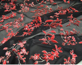 HEIDIHZ - Red Floral Sheer Burnout Silk Devore Satin Fabric - 138cm wide by the Yard