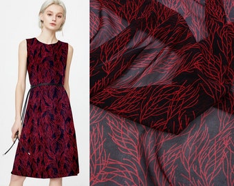 HONGSHANHU - 8 Momme Red Coral Printed Black Silk Georgette Fabric - 138cm wide by the Yard