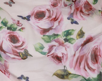 FENMEIGUI - 5.5 Momme Pink Rose Print Crinkled Silk Georgette Fabric - 140cm wide by the Yard