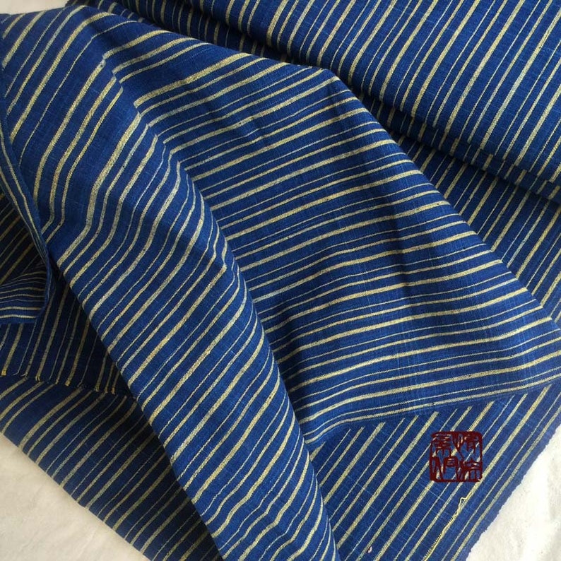 by the meter Hand woven /& Hand yarn dyed with Natural indigo dyes craft fabric for clothes blue yellow stripped hand made stuffs