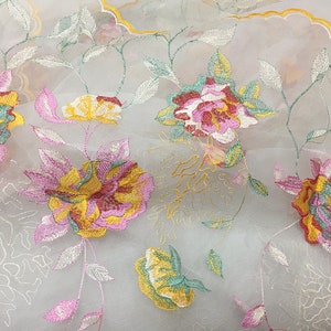 JINGMEI - Flowers Embroidered Silk Organza Fabric - 130cm wide by the Yard