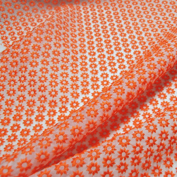 Orange Flower Embroidered Silk Organza Fabric/42.5”/108cm/for Bridal Wedding dress/Long Skirts/Shirt/Dresses/Evening Dresses-By the Yard