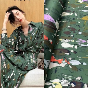 BUBMLR - 21 Momme Dark Green Character Digital Print Stretch Silk Satin Fabric - 140cm By the Yard