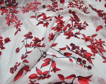 HEIDIHZ - Red Floral Sheer Burnout Silk Devore Satin Fabric - 138cm wide by the Yard