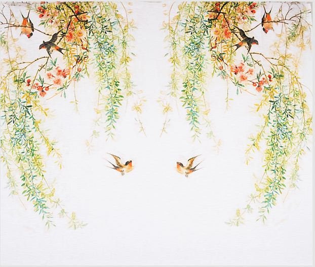 Happy spring birds and trees Silk blend Linen Fabric Etsy