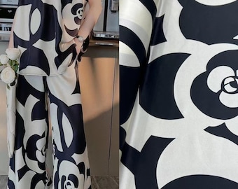 BUBBCH - 21 Momme Black and White Camellia Digital Print Stretch Silk Satin Fabric - 140cm By the Yard