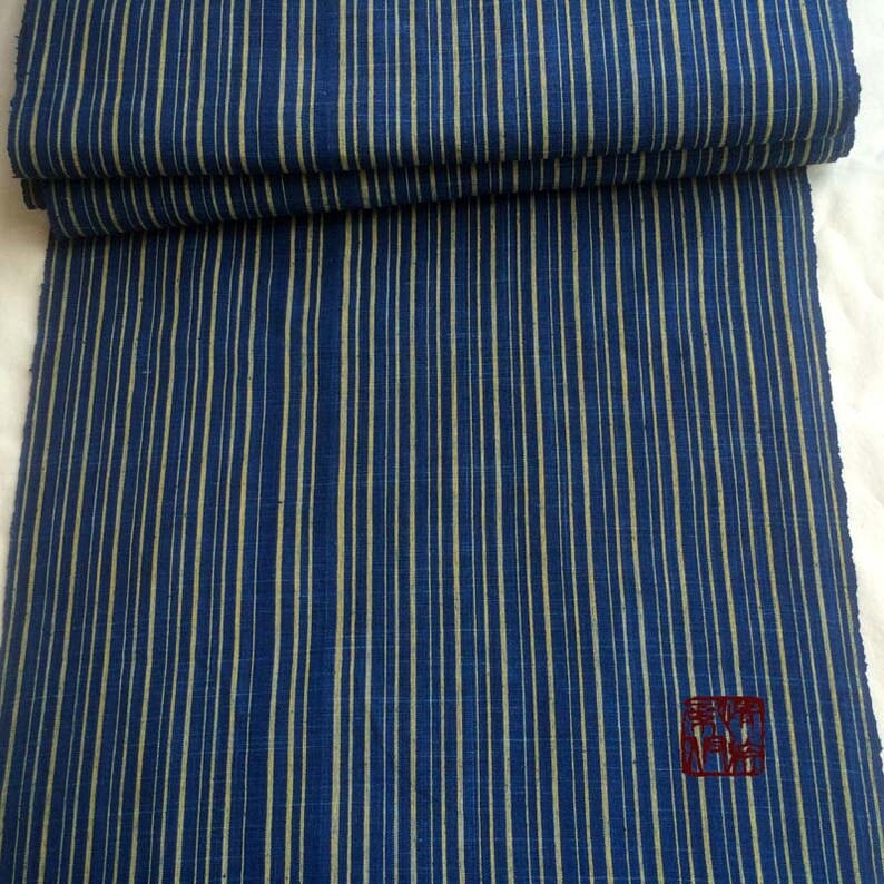 by the meter Hand woven /& Hand yarn dyed with Natural indigo dyes craft fabric for clothes blue yellow stripped hand made stuffs