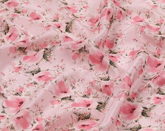 KFSYX - 8 Momme Pink floral print Silk Crepe de Chine Fabric - 138cm by the Yard