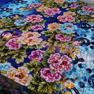 Blue floral silk burnout fabric, silk velvet, , 114cm/45”, Fashion Fabric for dresses, shawls, kimonos, by the yard image 1