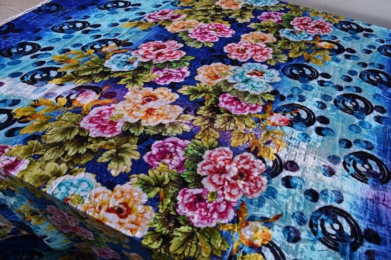 Blue floral silk burnout fabric, silk velvet, , 114cm/45”, Fashion Fabric for dresses, shawls, kimonos, by the yard