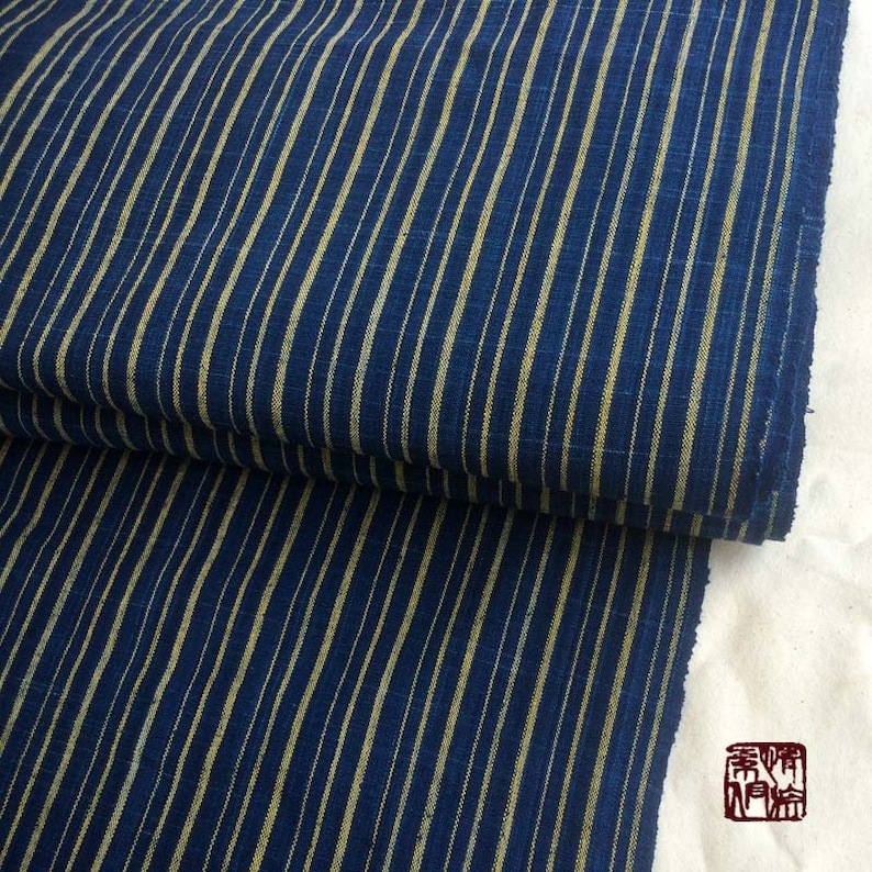 by the meter Hand woven /& Hand yarn dyed with Natural indigo dyes craft fabric for clothes blue yellow stripped hand made stuffs