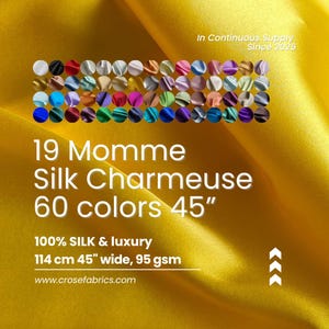 100% Seda Charmeuse, 19 Momme, 60 cores sólidas, 114 cm de largura por jarda