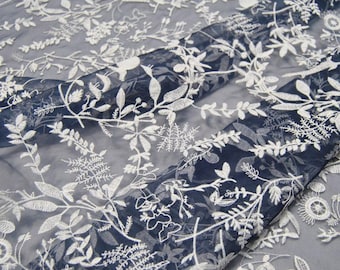 HAIKUO - Navy Blue Embroidered Silk Organza Fabric - 130cm wide by the Yard