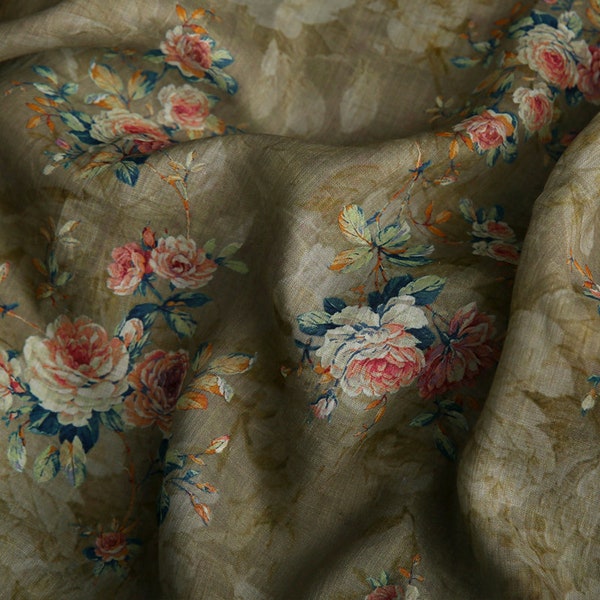 GUCI - Vintage Style Floral Printed Ramie Fabric - 140cm wide by the Yard