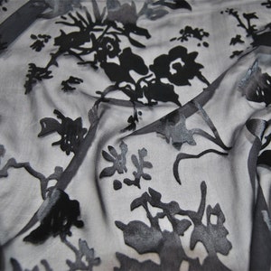 Black Flowers Sheer Burnout Silk Devore Satin Fabric-By the Yard
