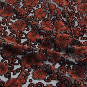 SANGMIA - Wine Red and Dark Green Floral  Sheer Burnout Silk Velvet Fabric - 114cm wide by the Yard