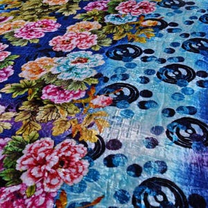 Blue floral silk burnout fabric, silk velvet, , 114cm/45”, Fashion Fabric for dresses, shawls, kimonos, by the yard image 2