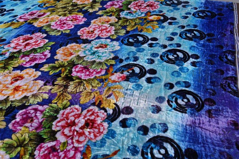 Blue floral silk burnout fabric, silk velvet, , 114cm/45”, Fashion Fabric for dresses, shawls, kimonos, by the yard image 2