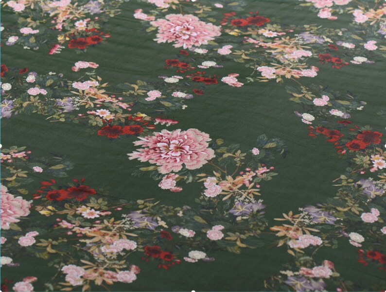 Silk fabric green beautiful floral printed Etsy