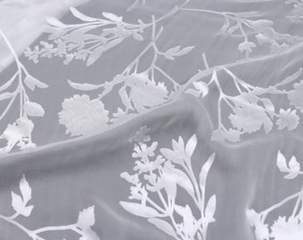 XLUZHI - 10 Momme White Flowers Sheer Burnout Silk Devore Satin Fabric - 140cm wide by the Yard