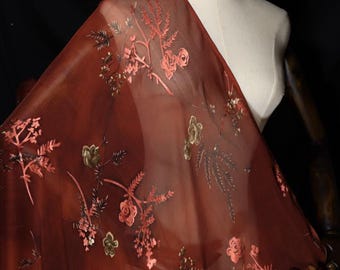 LHXAHH - 8 Momme Flowers Sheer Burnout Silk Devore Satin Fabric - 114cm wide by the Yard