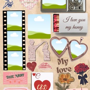 Puede incluir: Un collage romántico con una cámara digital, un relicario en forma de corazón, una carta de juego y una caja de cerillas con el texto "I love you my honey". Otros elementos incluyen una tira de película, entradas y un ramo de rosas.