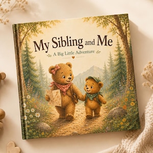 Peut inclure: Un livre carré à couverture rigide intitulé My Sibling and Me: A Big Little Adventure. La couverture présente une illustration de deux ours bruns marchant sur un sentier forestier, le plus grand portant un foulard à carreaux rouges et le petit un vert.