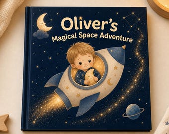 Puede incluir: Un libro infantil titulado "Oliver's Magical Space Adventure" presenta una ilustración de dibujos animados de un niño en un cohete. La portada es azul marino con un diseño de cielo estrellado, una luna creciente y un planeta.