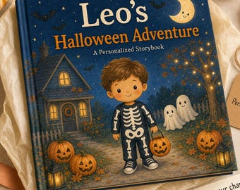 Puede incluir: Un libro de tapa dura cuadrado titulado Leo's Halloween Adventure A Personalized Storybook. La portada muestra a un niño con disfraz de esqueleto frente a una casa con calabazas, dos fantasmas y una luna creciente en el cielo azul.