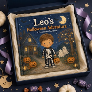 Puede incluir: Un libro infantil de tapa dura titulado Leo's Halloween Adventure, A Personalized Storybook, que muestra a un ni&ntilde;o con disfraz de esqueleto, calabazas, fantasmas y una casa de noche, presentado dentro de una caja de regalo azul oscuro con papel.