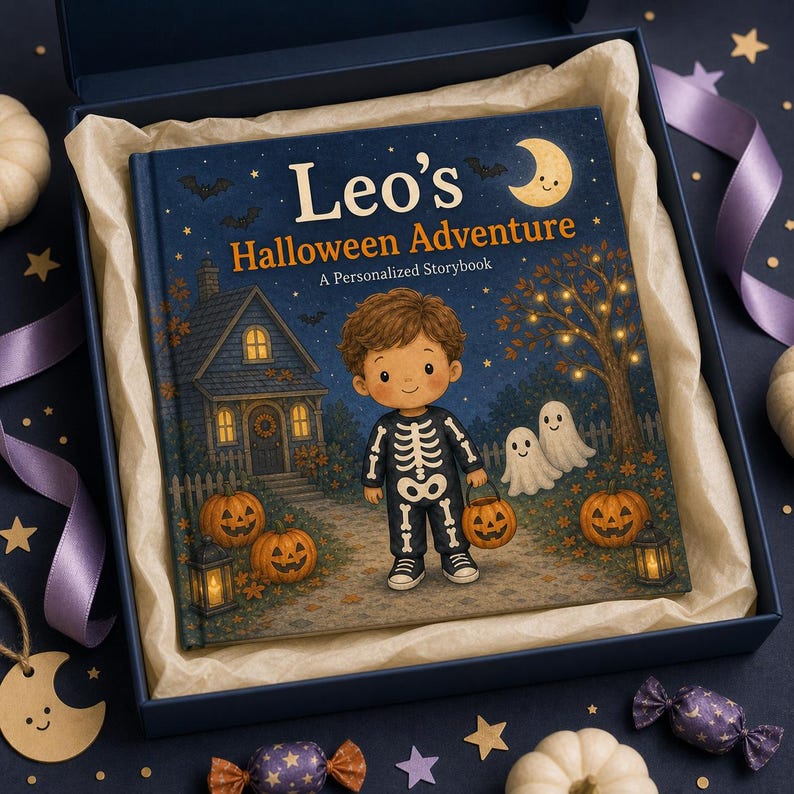 Puede incluir: Un libro infantil de tapa dura titulado Leo's Halloween Adventure, A Personalized Storybook, que muestra a un ni&ntilde;o con disfraz de esqueleto, calabazas, fantasmas y una casa de noche, presentado dentro de una caja de regalo azul oscuro con papel.