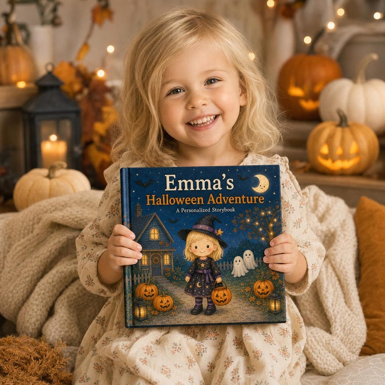 Puede incluir: Un libro de tapa dura titulado Emma's Halloween Adventure, A Personalized Storybook. La portada azul oscuro presenta una ilustraci&oacute;n de dibujos animados de un ni&ntilde;o con disfraz de bruja, una casa, dos fantasmas y calabazas bajo una luna creciente.