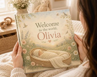 Könnte beinhalten: Ein personalisiertes Babybuch mit dem Text "Welcome to the world, Olivia" auf dem Cover. Die Illustration zeigt ein Baby in einem geflochtenen Korb, umgeben von Blumen und Vögeln. Das Buch wird von einer Person gehalten.