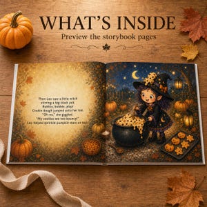 Puede incluir: Un libro de cuentos infantil abierto con una ilustraci&oacute;n de una joven bruja revolviendo una olla negra con masa de galletas. El texto dice: Then Leo saw a little witch stirring a big black pot. Bubble, bubble, plop! Cookie dough jumped.
