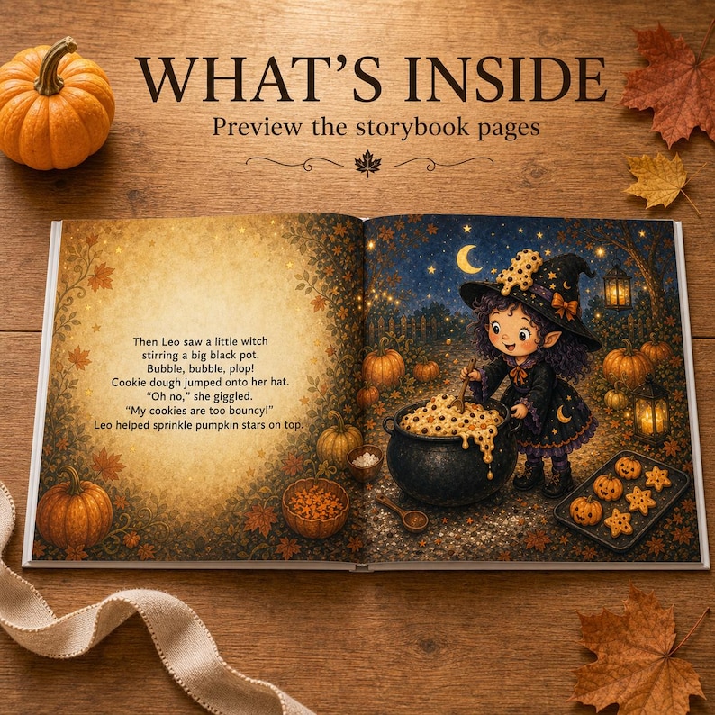 Puede incluir: Un libro de cuentos infantil abierto con una ilustraci&oacute;n de una joven bruja revolviendo una olla negra con masa de galletas. El texto dice: Then Leo saw a little witch stirring a big black pot. Bubble, bubble, plop! Cookie dough jumped.