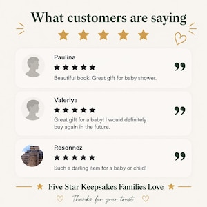 Puede incluir: Un gr&aacute;fico de rese&ntilde;as de clientes titulado What customers are saying con cinco estrellas doradas. Muestra tres testimonios de Paulina, Valeriya y Resonnez, cada uno con calificaciones de cinco estrellas y citas. El texto inferior dice Five Star Keepsakes Families Love.