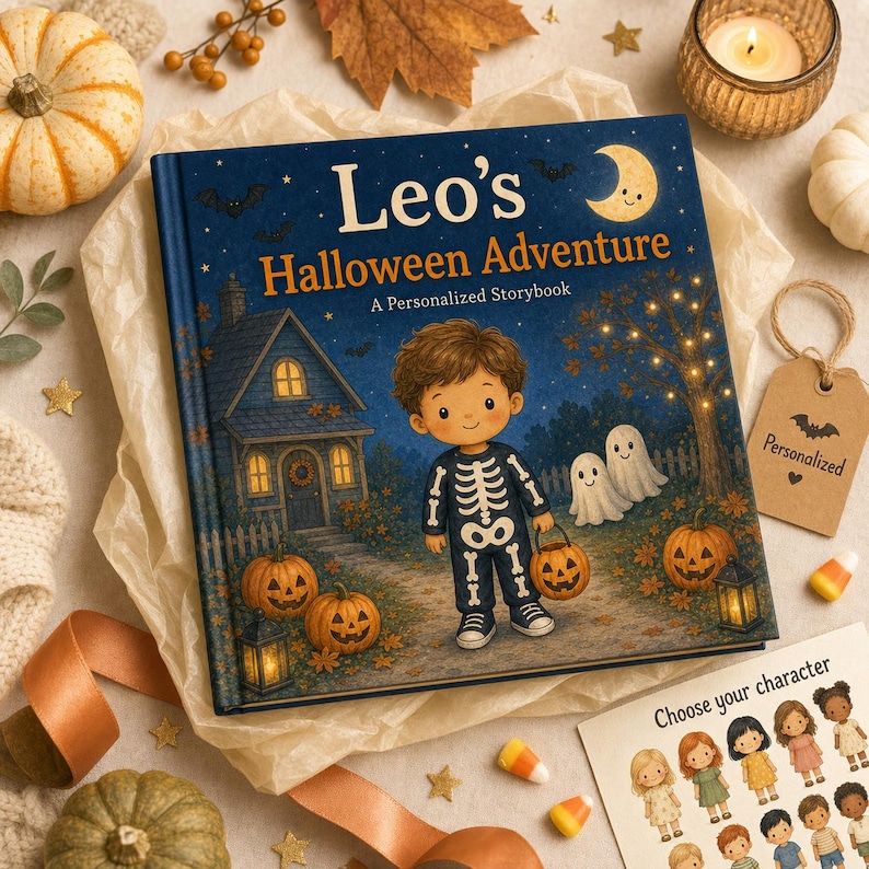 Puede incluir: Un libro de tapa dura cuadrado titulado Leo's Halloween Adventure A Personalized Storybook. La portada muestra a un ni&ntilde;o con disfraz de esqueleto frente a una casa con calabazas, dos fantasmas y una luna creciente en el cielo azul.