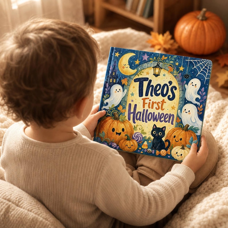 Puede incluir: Un libro infantil de tapa dura titulado Theo's First Halloween con una cubierta azul oscuro que presenta una luna creciente amarilla, fantasmas blancos, calabazas naranjas y un gato negro. La ilustraci&oacute;n incluye un arco de piedra y dulces.