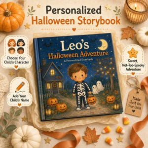 Puede incluir: Un libro de cuentos titulado Leo's Halloween Adventure que muestra a un ni&ntilde;o con disfraz de esqueleto frente a una casa con calabazas, murci&eacute;lagos y una luna creciente. La portada incluye texto e ilustraciones de una escena nocturna.
