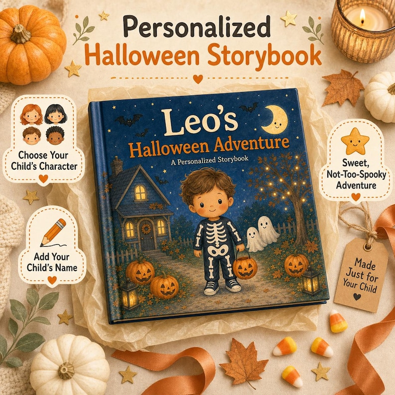 Puede incluir: Un libro de cuentos titulado Leo's Halloween Adventure que muestra a un ni&ntilde;o con disfraz de esqueleto frente a una casa con calabazas, murci&eacute;lagos y una luna creciente. La portada incluye texto e ilustraciones de una escena nocturna.